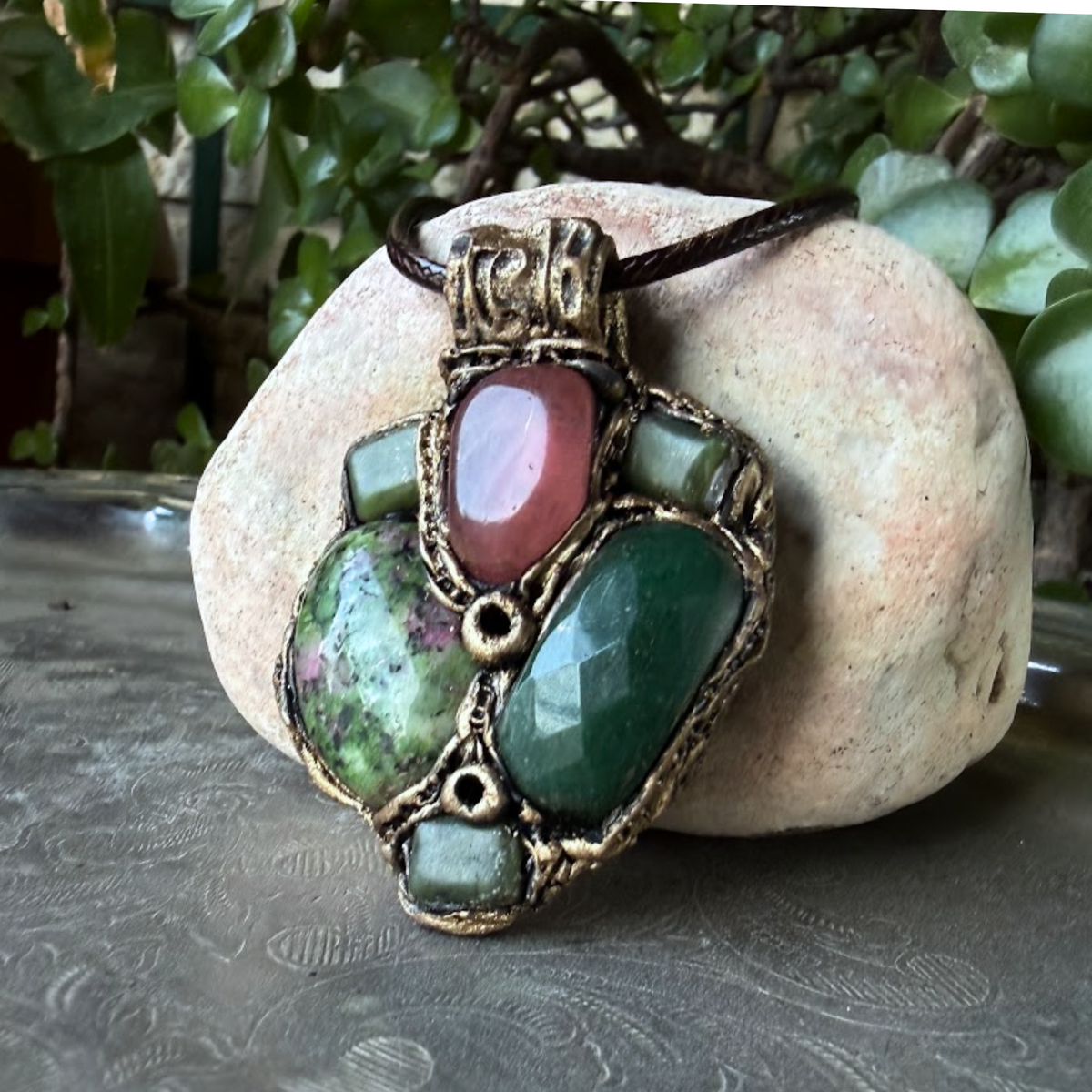 Ruby Zoisite, Jade & Cherry Quartz Pendant Necklace – Crystal Amulet