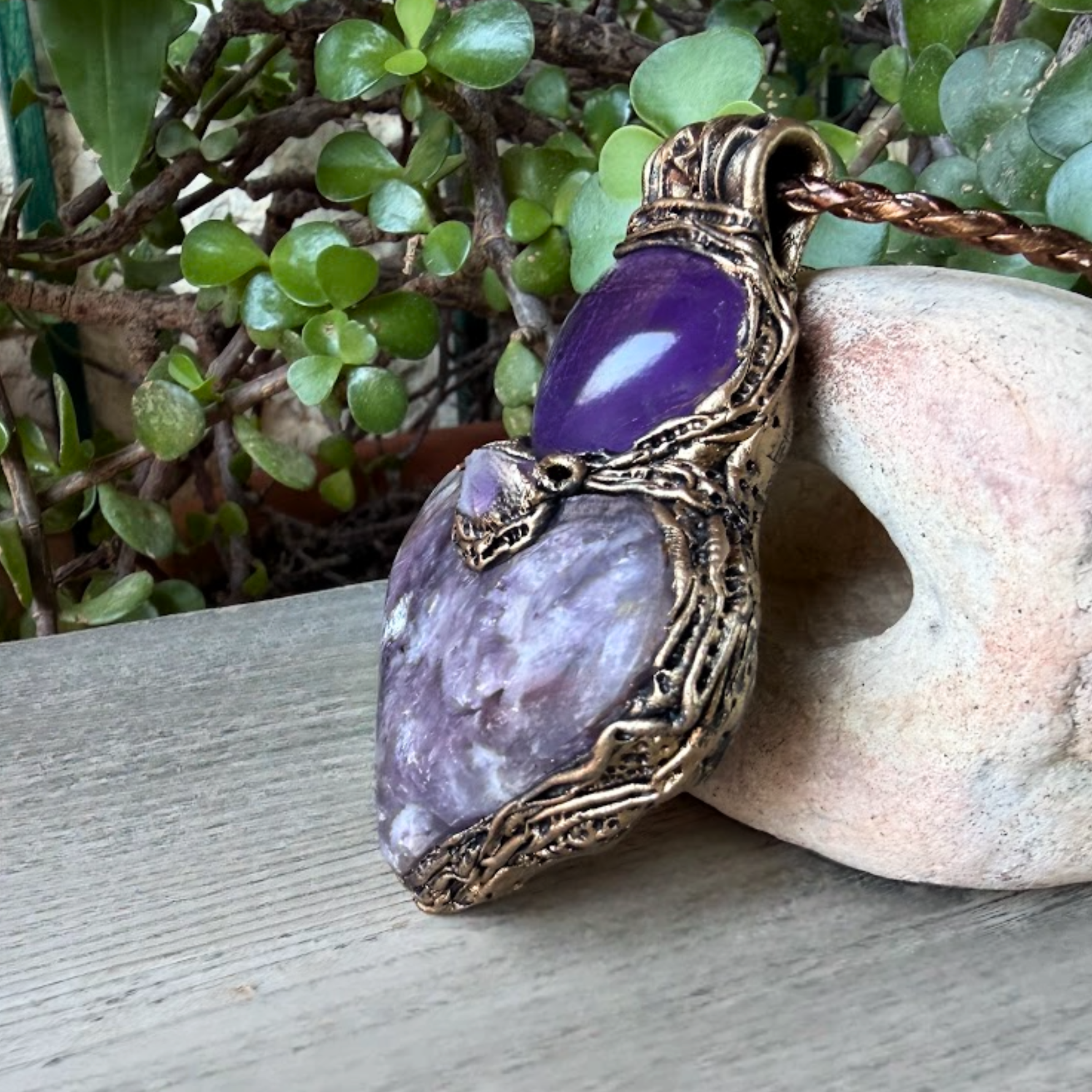 Lepidolite and Amethyst heart pendant necklace with natural purple gemstones, handcrafted large crystal amulet in a one-of-a-kind design.
