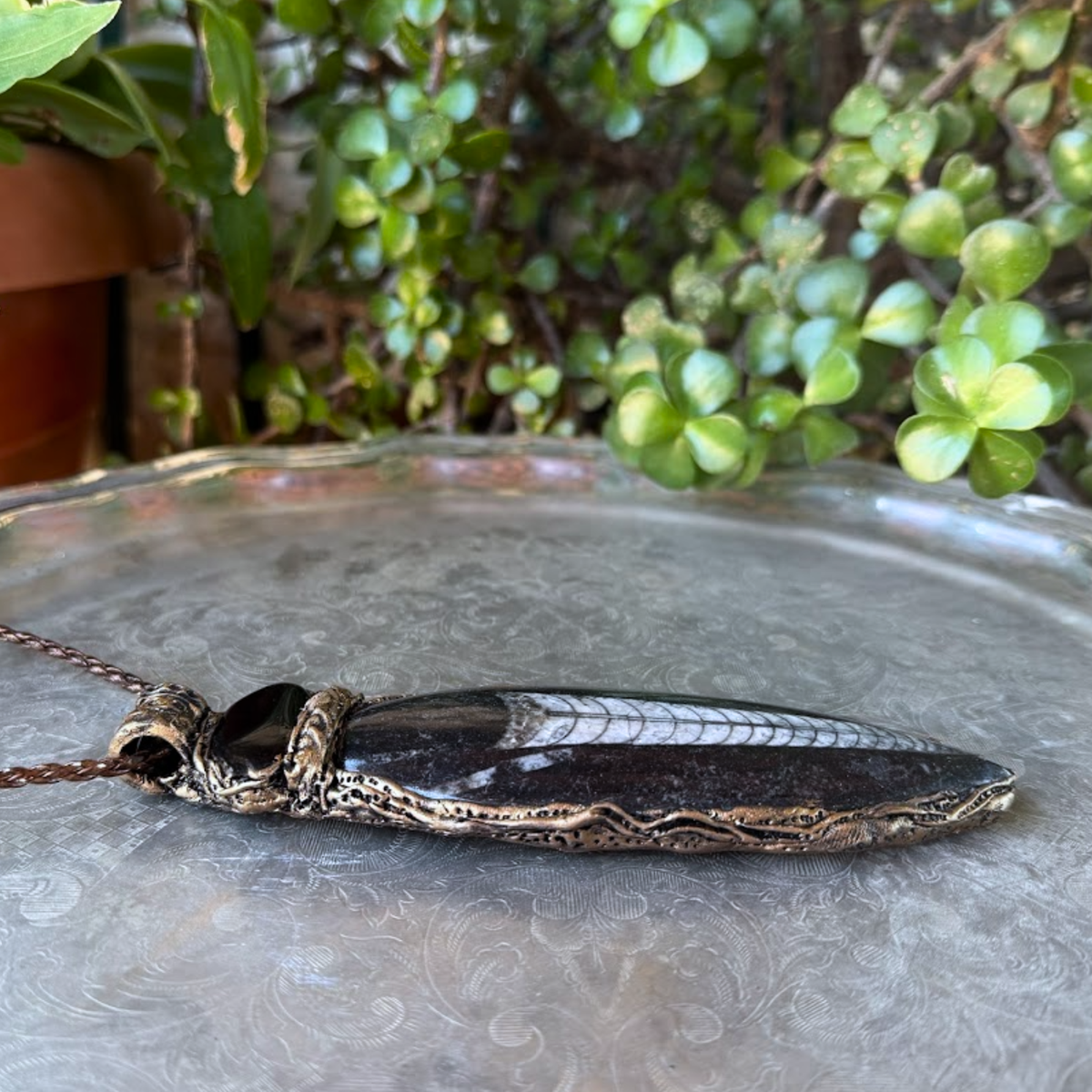 Orthoceras Fossil & Black Onyx Pendant Necklace – large stone protection amulet.