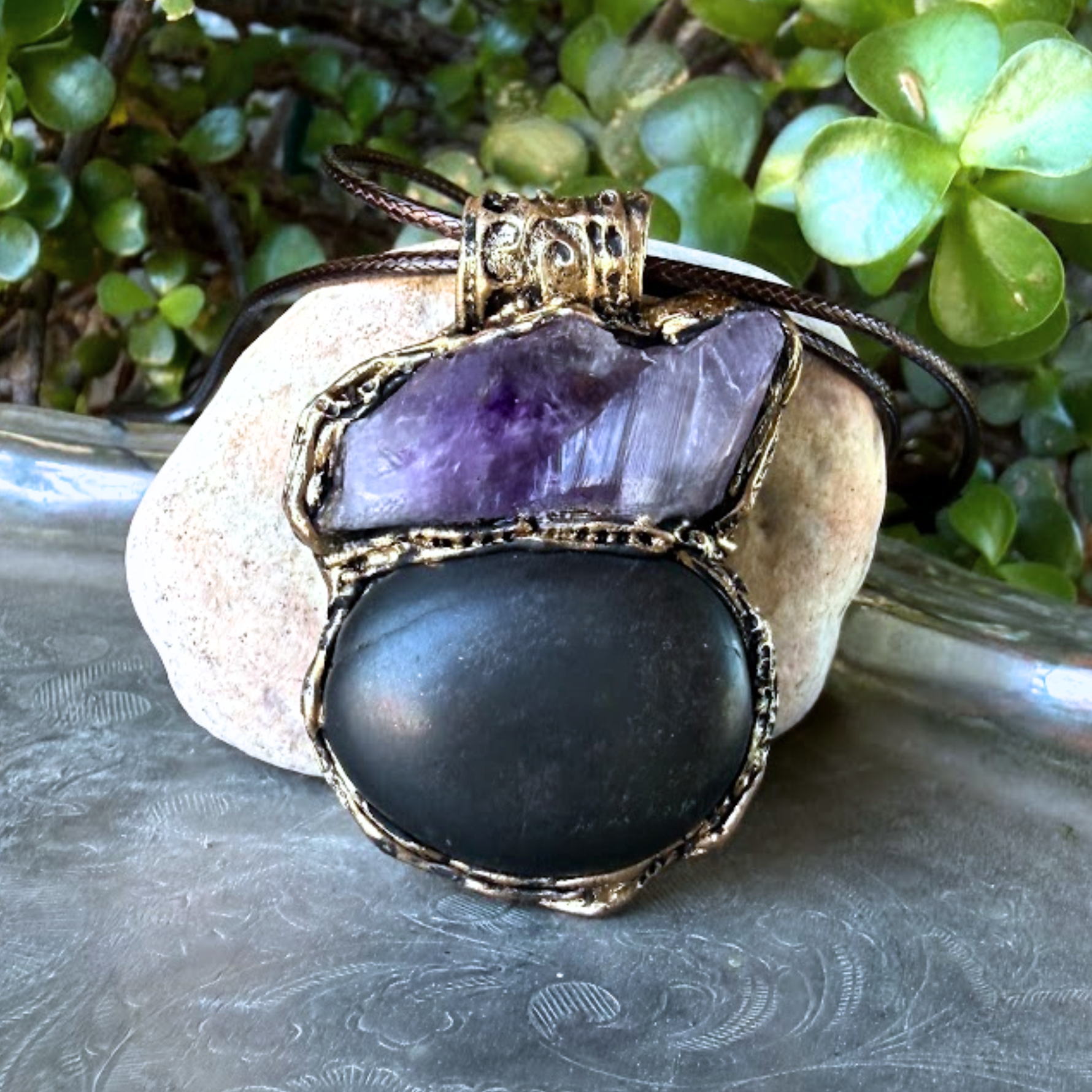 Shungite and raw Amethyst pendant necklace with genuine natural gemstones, handcrafted empath protection crystal amulet for grounding and intuition.