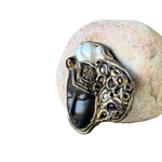 Handmade Baroque Pearl brooch with sculptural woman profile, Czech crystals and antique gold details, one-of-a-kind statement pin.