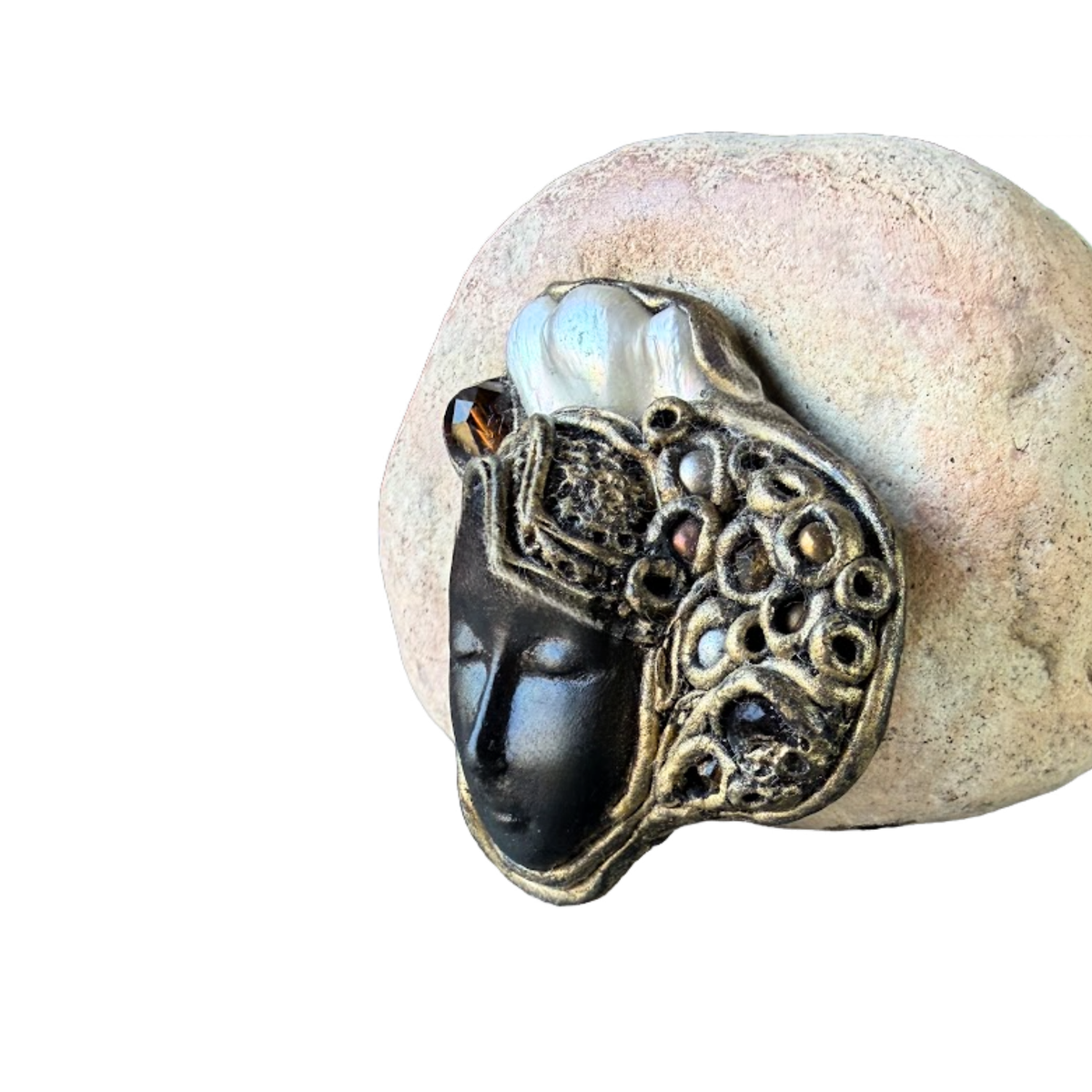 Handmade Baroque Pearl brooch with sculptural woman profile, Czech crystals and antique gold details, one-of-a-kind statement pin.