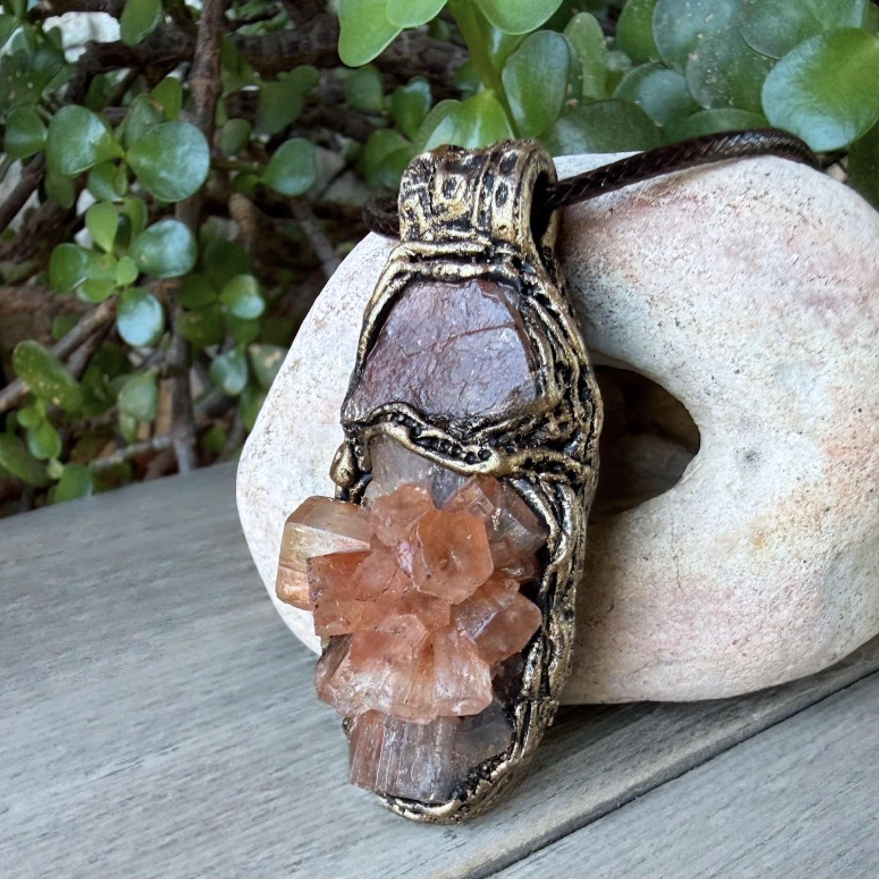 Sunstone and Aragonite cluster pendant necklace with natural raw crystals, handcrafted one-of-a-kind gemstone amulet for joy and grounding.