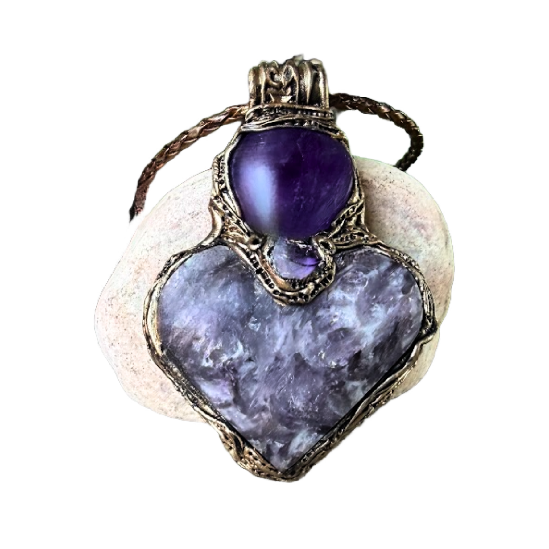 Lepidolite and Amethyst heart pendant necklace with natural purple gemstones, handcrafted large crystal amulet in a one-of-a-kind design.