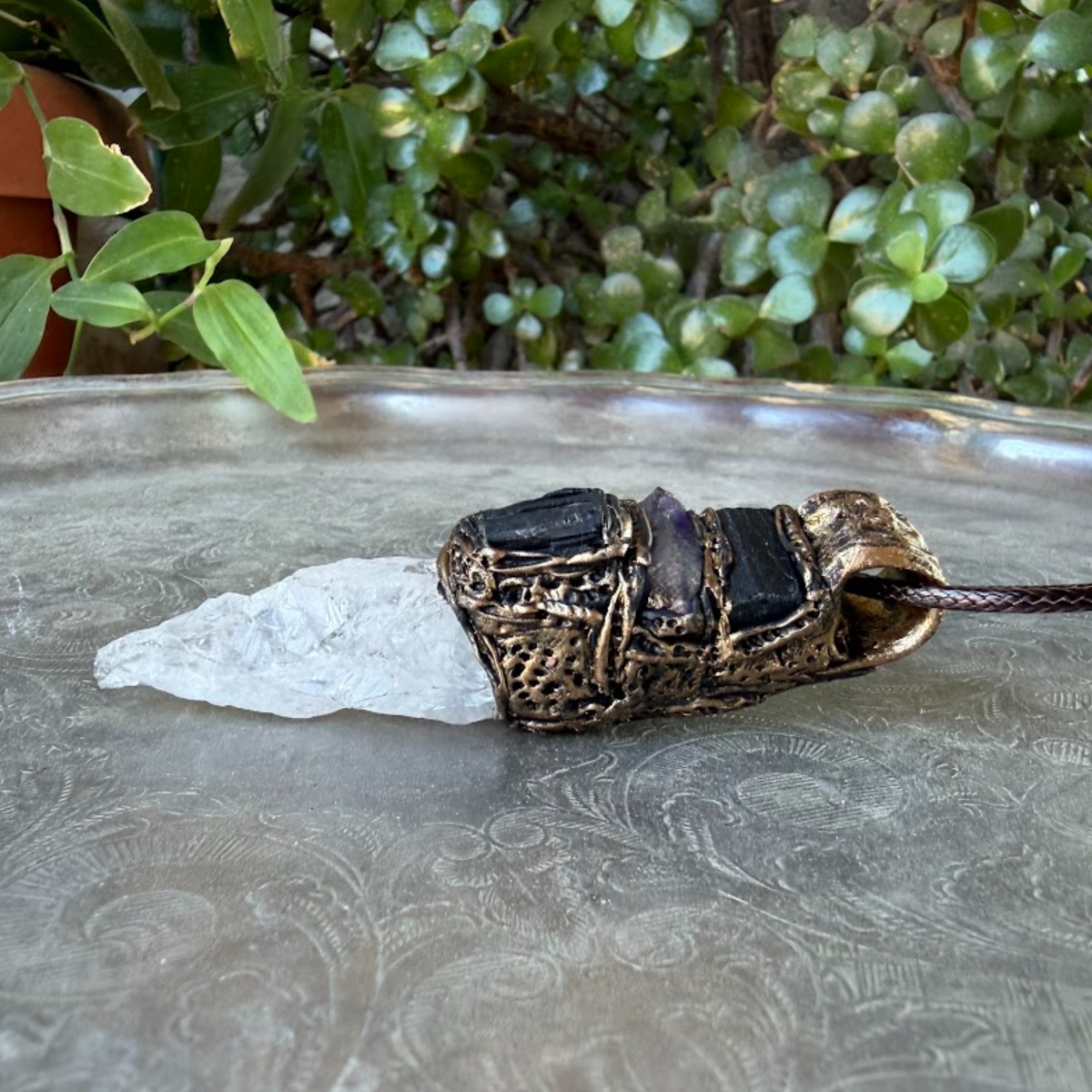 Black Tourmaline, Calcite and Amethyst pendant necklace with natural gemstones, handcrafted one-of-a-kind empath protection amulet.