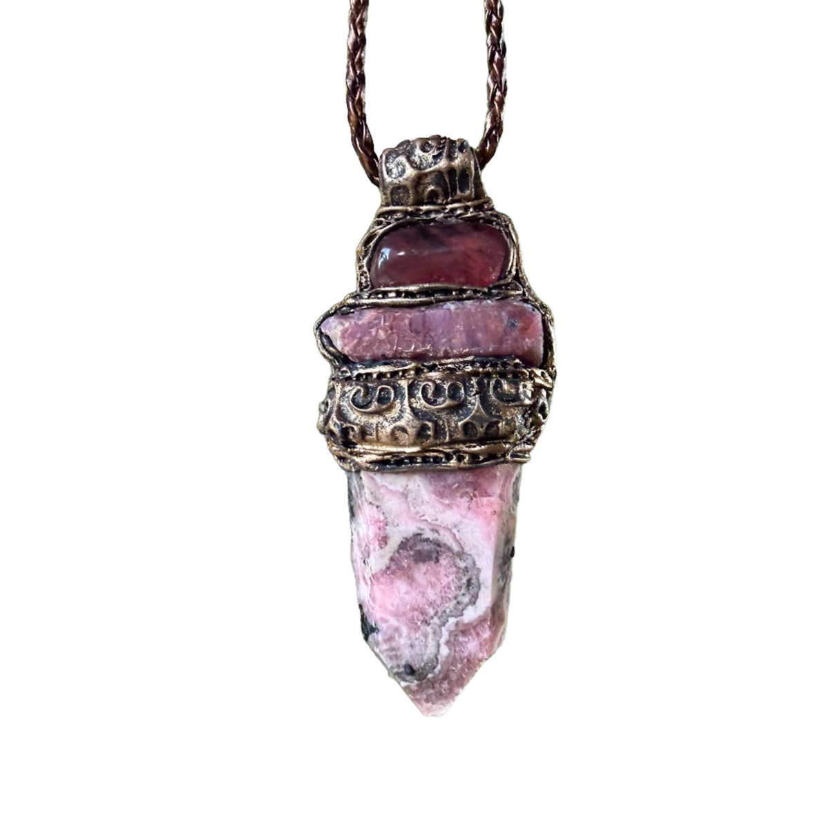 Rhodochrosite, Ruby and Cherry Quartz pendant necklace with large natural pink and red stones, handcrafted one-of-a-kind love crystal amulet.