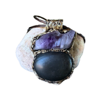 Shungite and raw Amethyst pendant necklace with genuine natural gemstones, handcrafted empath protection crystal amulet for grounding and intuition.