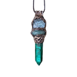 Malachite, Green Aventurine and Fluorite pendant necklace with green gemstones and crystal point in a handcrafted sculptural setting.