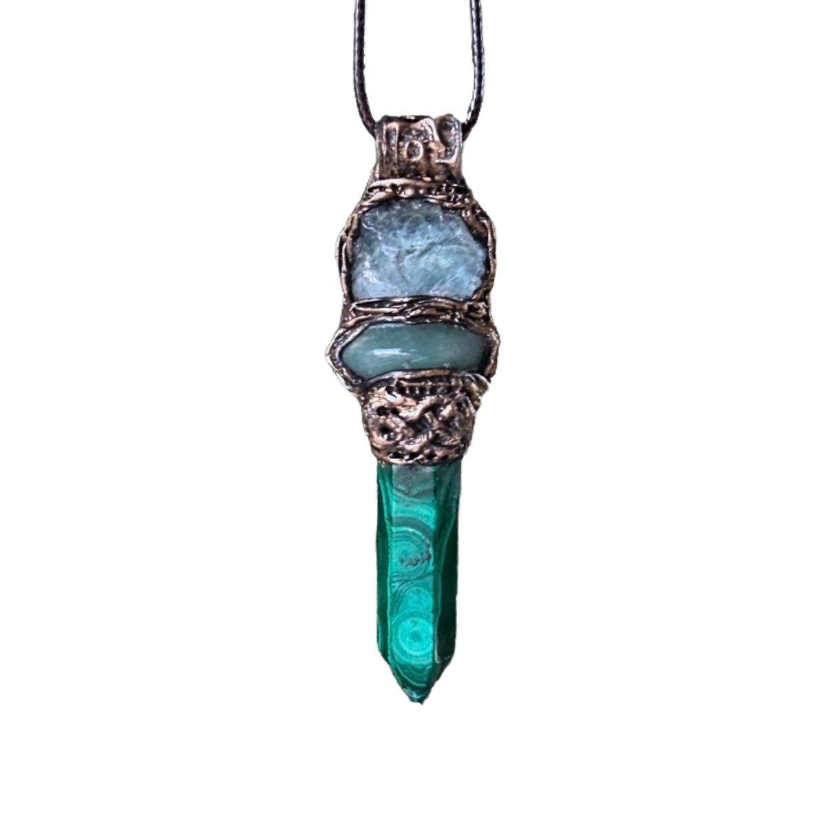 Malachite, Green Aventurine and Fluorite pendant necklace with green gemstones and crystal point in a handcrafted sculptural setting.