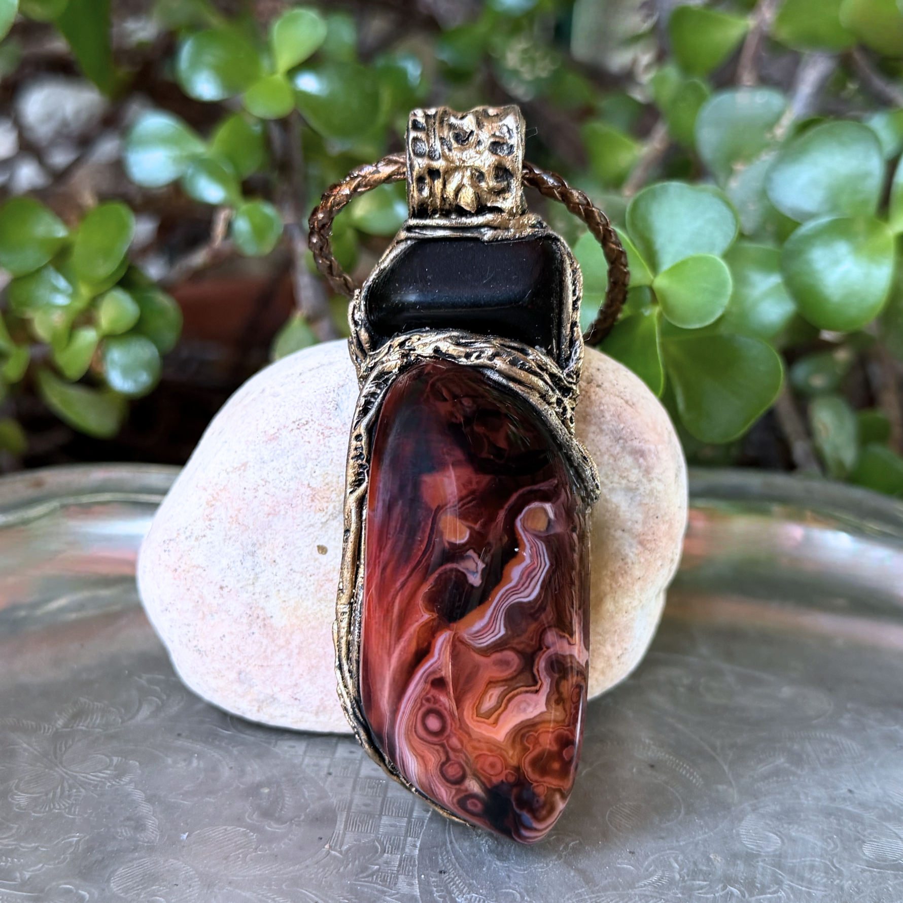 Sardonyx and Obsidian pendant necklace with natural red and black stones, handcrafted protection crystal amulet.