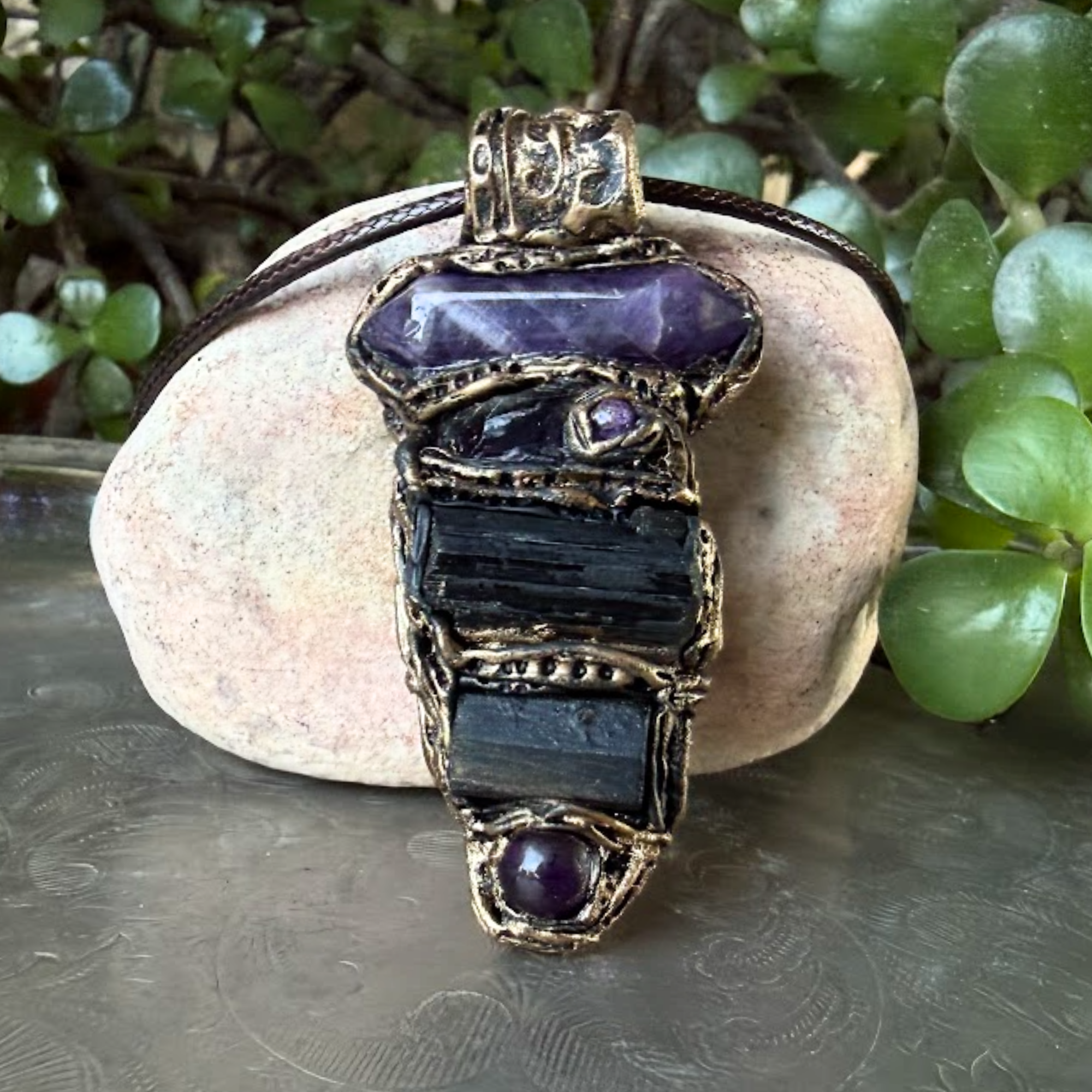 Black Tourmaline & Amethyst Pendant Necklace - Empath Protection Crystal Amulet.