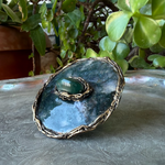 Green Moss Agate and Jade statement ring with large natural green stones, handcrafted oversized round cocktail ring.