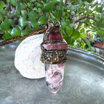 Rhodochrosite, Ruby and Cherry Quartz pendant necklace with large natural pink and red stones, handcrafted one-of-a-kind love crystal amulet.