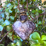 Lepidolite and Amethyst heart pendant necklace with natural purple gemstones, handcrafted large crystal amulet in a one-of-a-kind design.