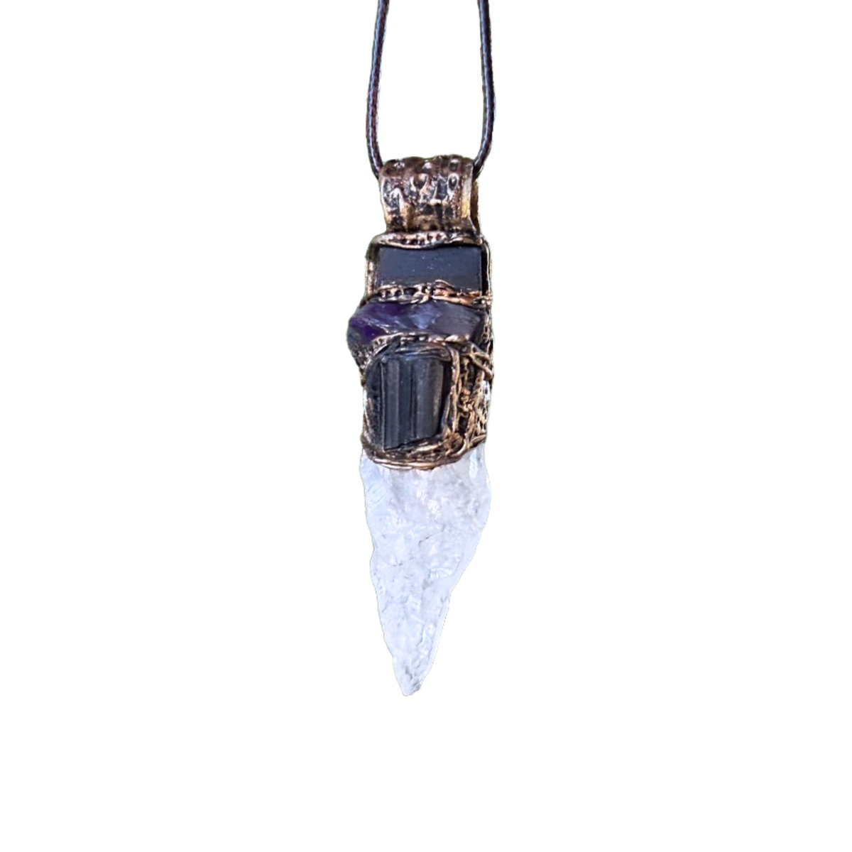 Black Tourmaline, Calcite and Amethyst pendant necklace with natural gemstones, handcrafted one-of-a-kind empath protection amulet.