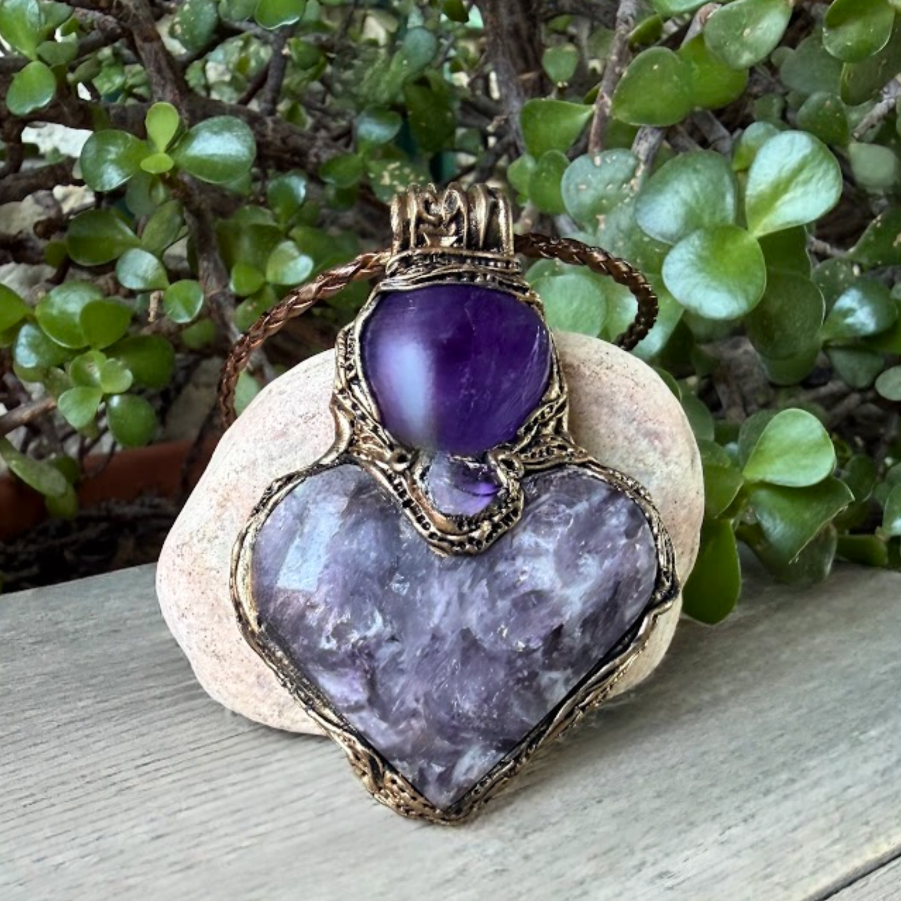 Lepidolite and Amethyst heart pendant necklace with natural purple gemstones, handcrafted large crystal amulet in a one-of-a-kind design.