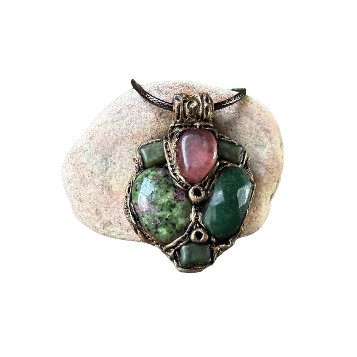 Ruby Zoisite, Jade & Cherry Quartz Pendant Necklace – Crystal Amulet