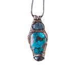 Raw Emerald, Chrysocolla and Hematite pendant necklace with natural green and metallic stones, handcrafted one-of-a-kind crystal amulet.