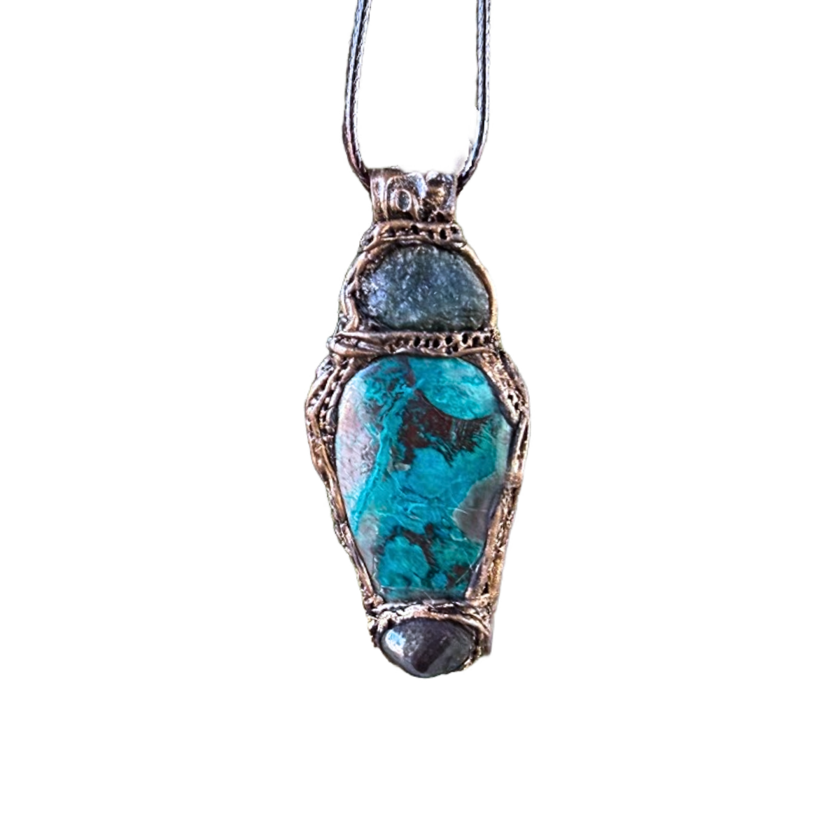Raw Emerald, Chrysocolla and Hematite pendant necklace with natural green and metallic stones, handcrafted one-of-a-kind crystal amulet.