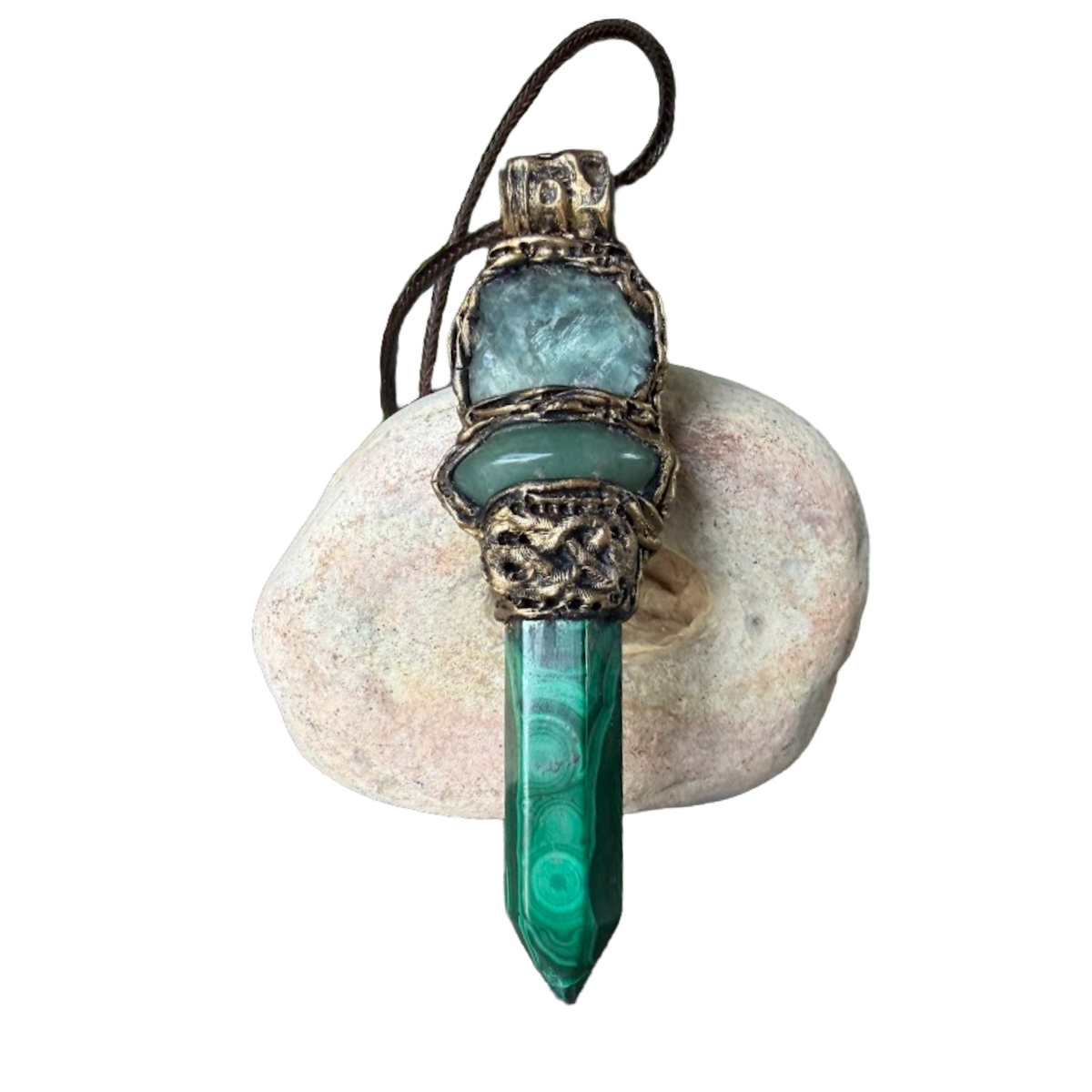 Malachite, Green Aventurine and Fluorite pendant necklace with green gemstones and crystal point in a handcrafted sculptural setting.