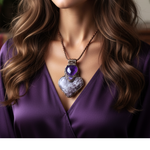 Lepidolite and Amethyst heart pendant necklace with natural purple gemstones, handcrafted large crystal amulet in a one-of-a-kind design.