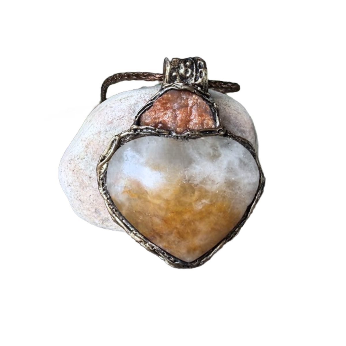 Golden Healer Quartz and Sunstone heart pendant necklace, radiant healing crystal amulet.