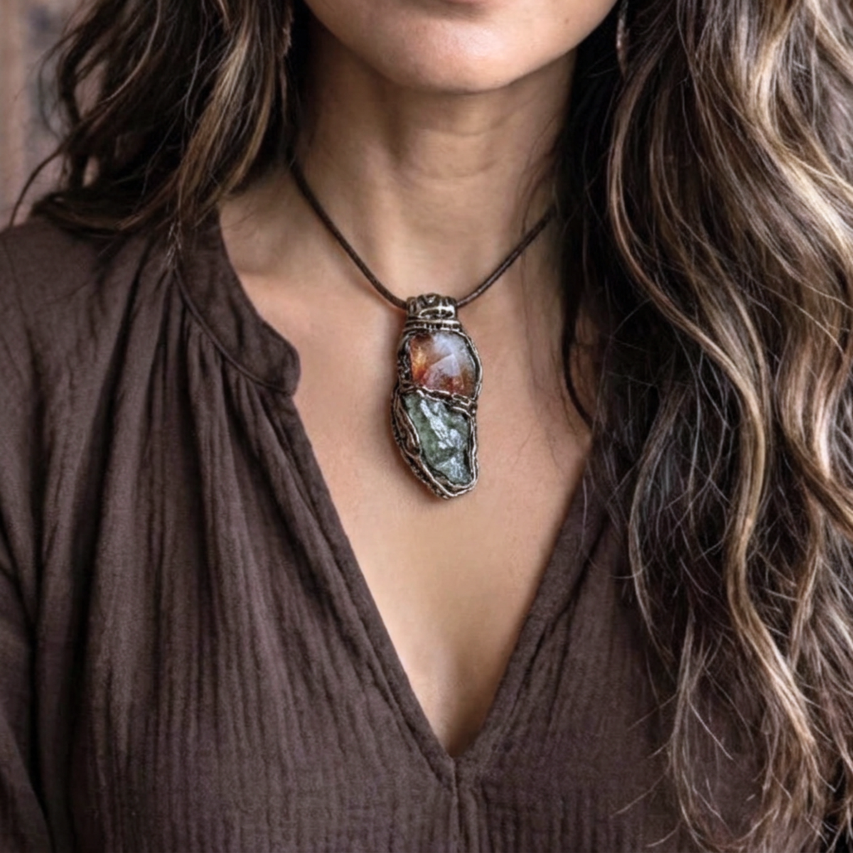 Citrine Pyrite Crystal Pendant - Abundance Amulet Necklace