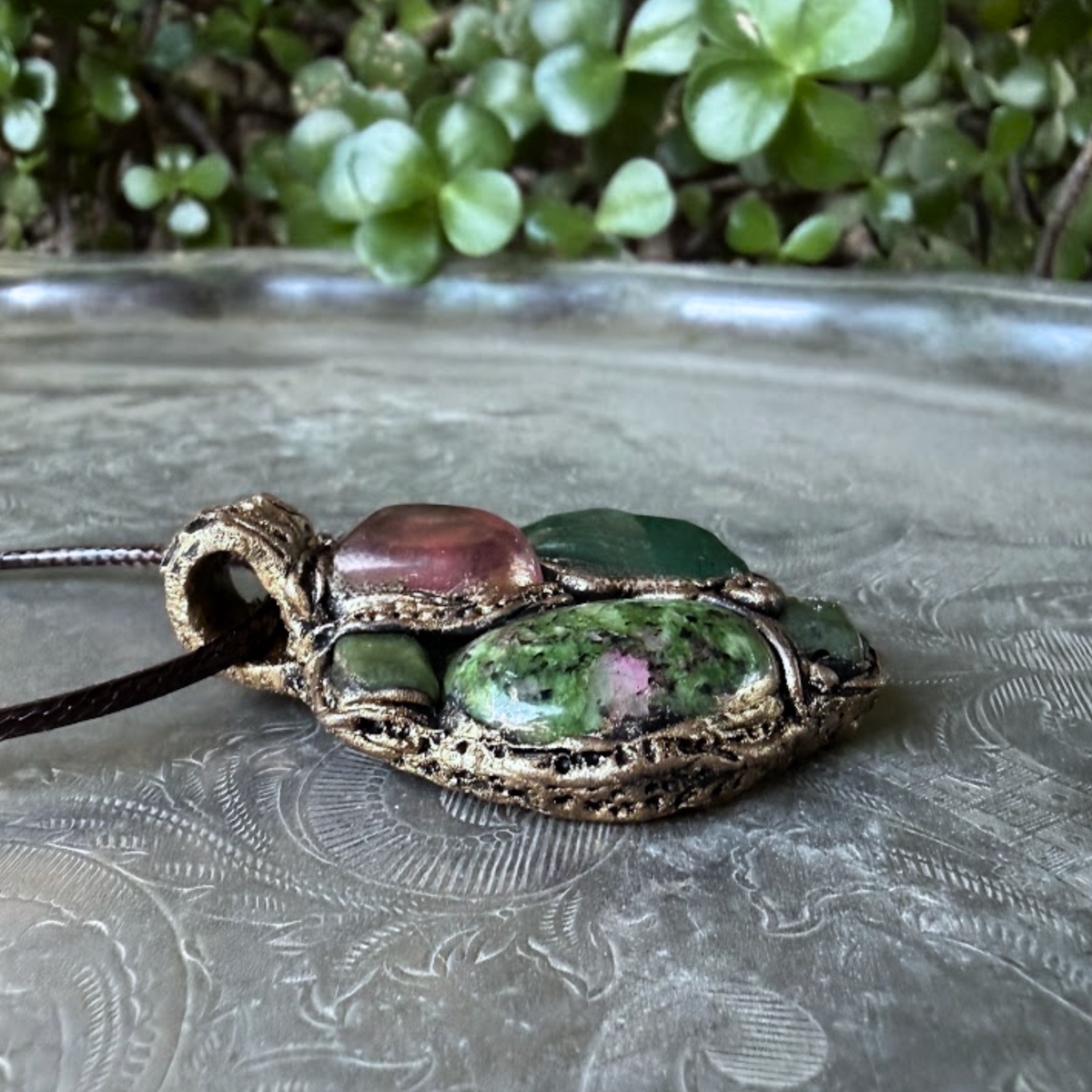 Ruby Zoisite, Jade & Cherry Quartz Pendant Necklace – Crystal Amulet
