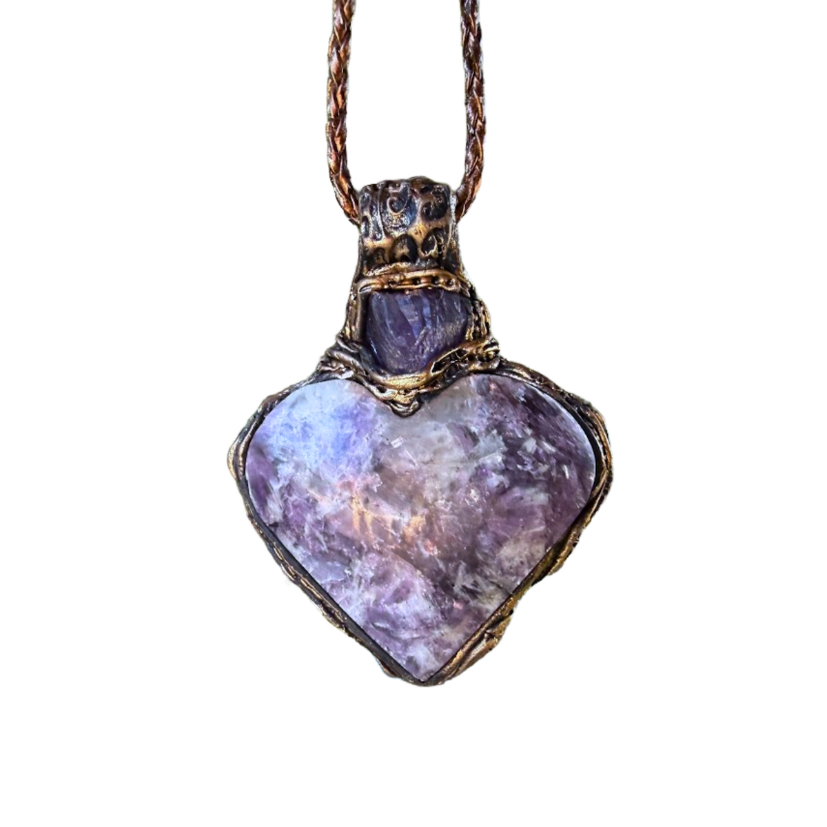 Lepidolite and Amethyst heart pendant necklace with natural purple gemstones, handcrafted large crystal amulet in a one-of-a-kind design.