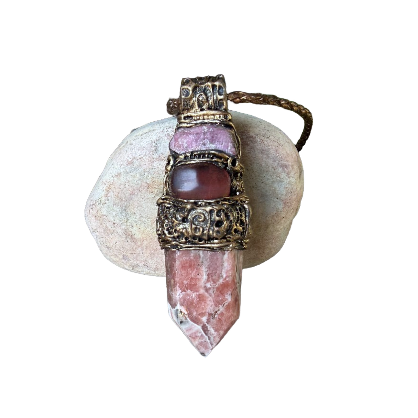 Rhodochrosite, Ruby and Cherry Quartz pendant necklace with large natural pink and red stones, handcrafted one-of-a-kind love crystal amulet.