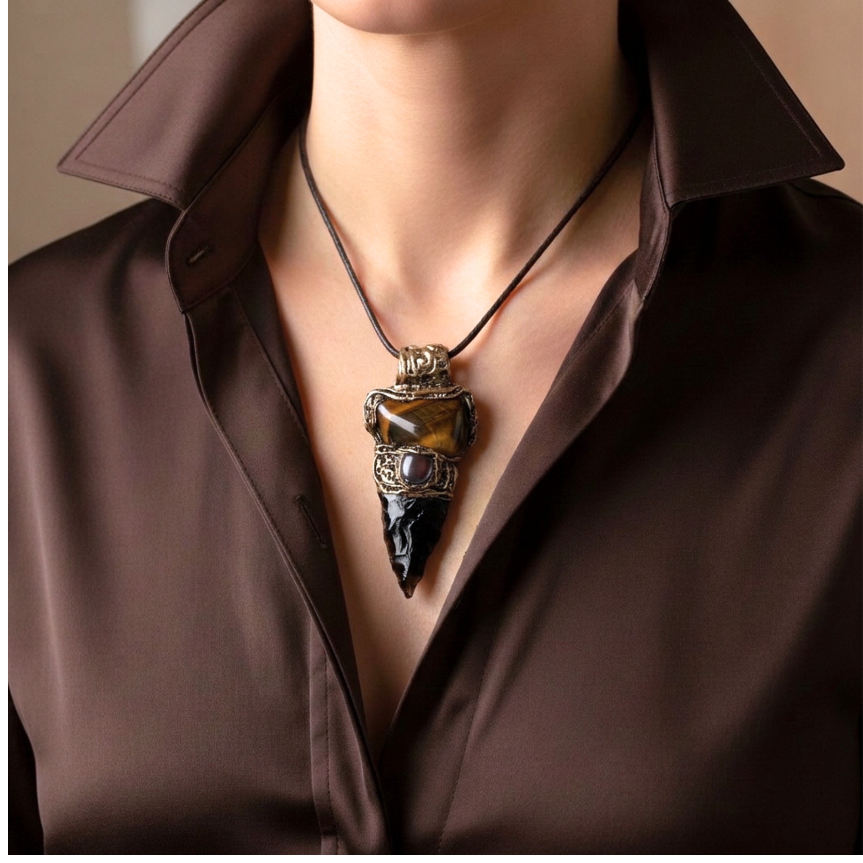 Tiger’s Eye and Obsidian arrow pendant necklace, protective healing crystal amulet.