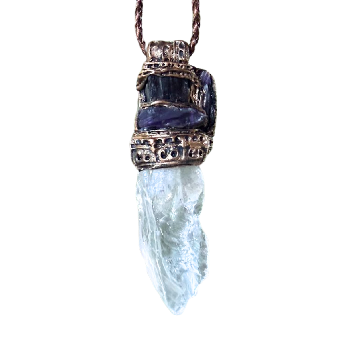 Black Tourmaline, Calcite and Amethyst pendant necklace with natural gemstones, handcrafted one-of-a-kind empath protection amulet.