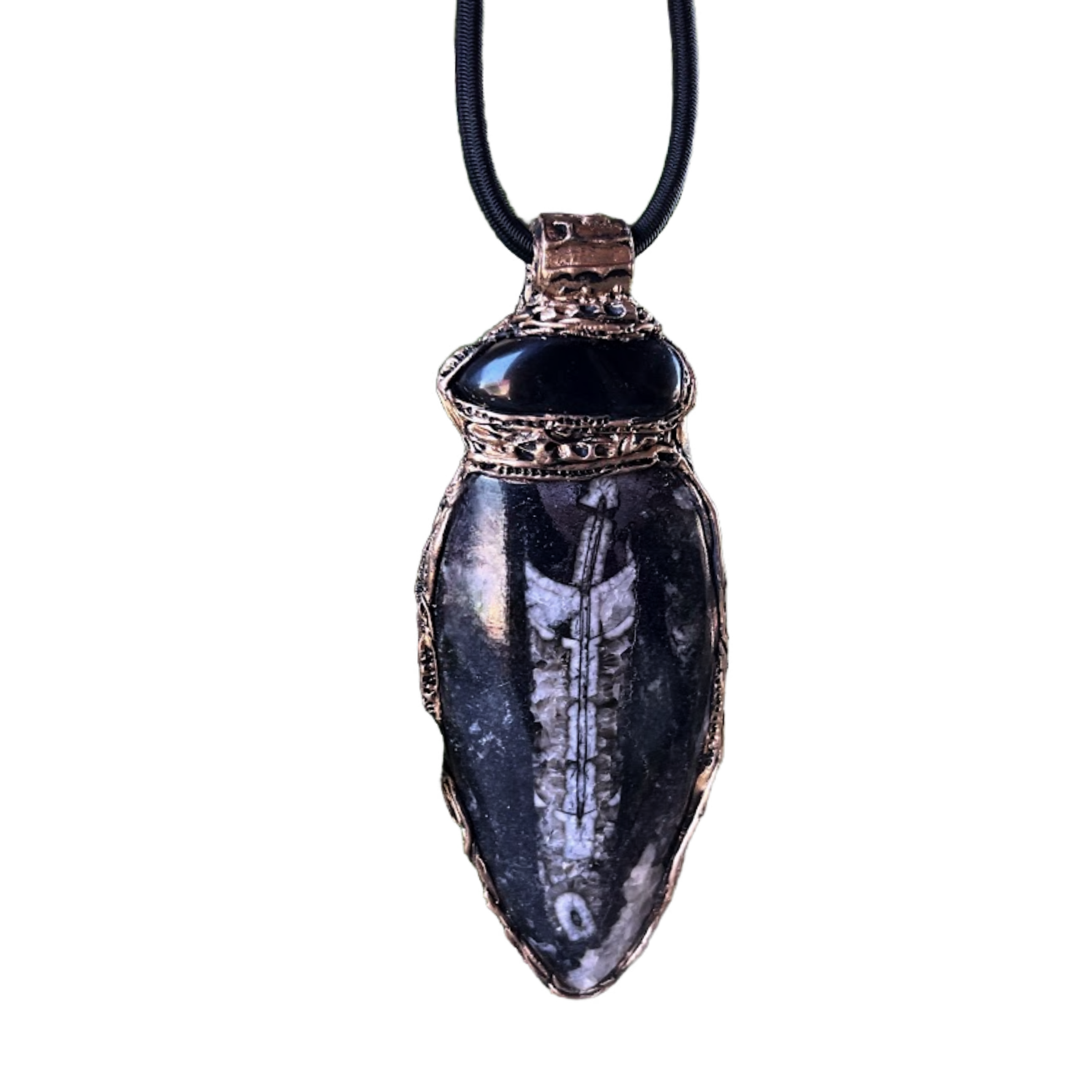 Orthoceras Fossil & Black Onyx Pendant Necklace – large stone protection amulet.