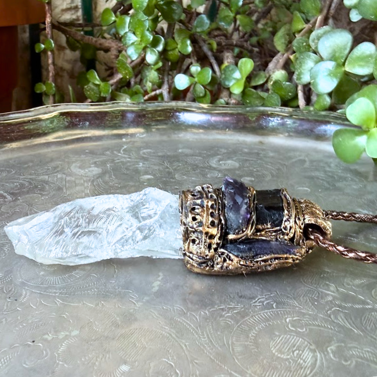 Black Tourmaline, Calcite and Amethyst pendant necklace with natural gemstones, handcrafted one-of-a-kind empath protection amulet.