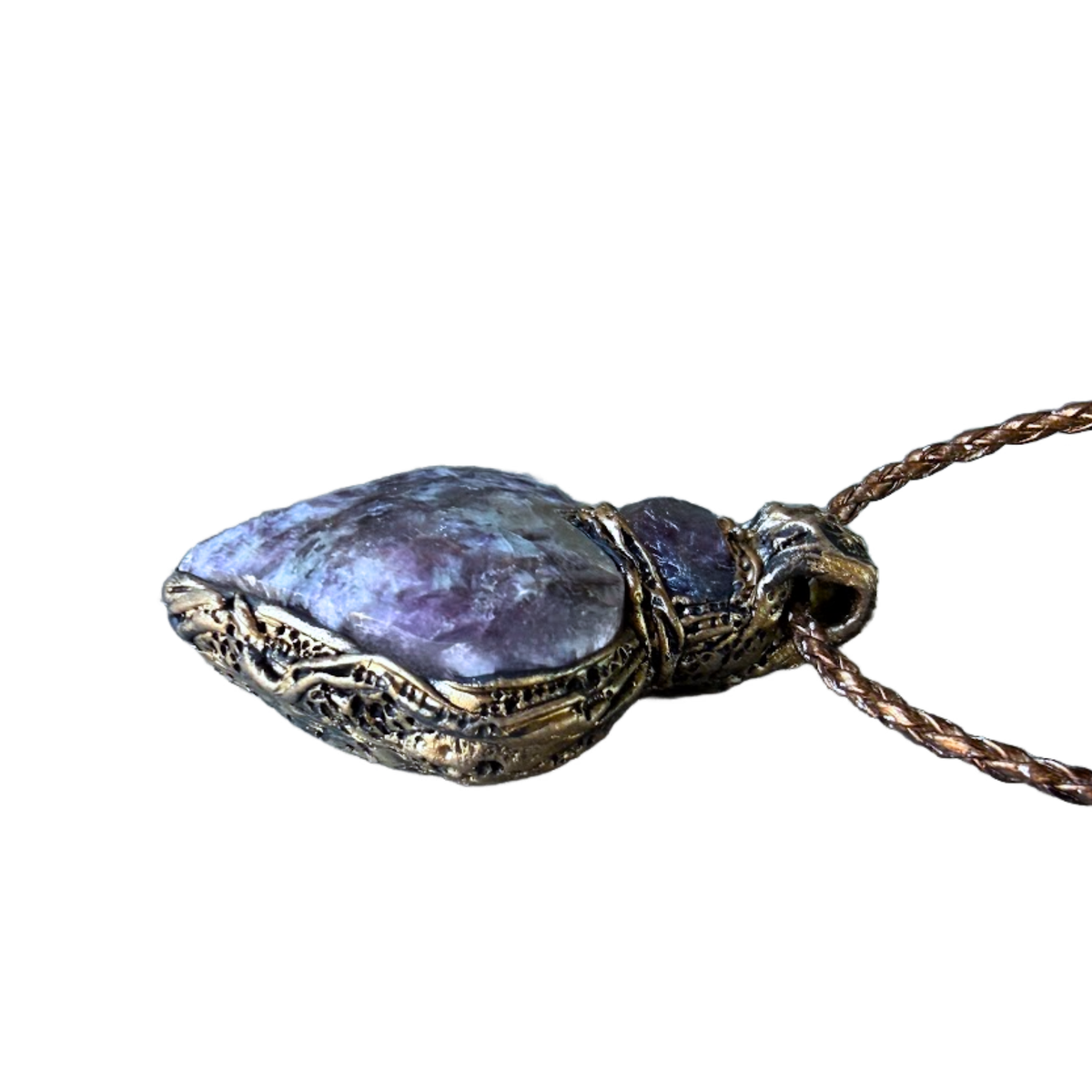 Lepidolite and Amethyst heart pendant necklace with natural purple gemstones, handcrafted large crystal amulet in a one-of-a-kind design.