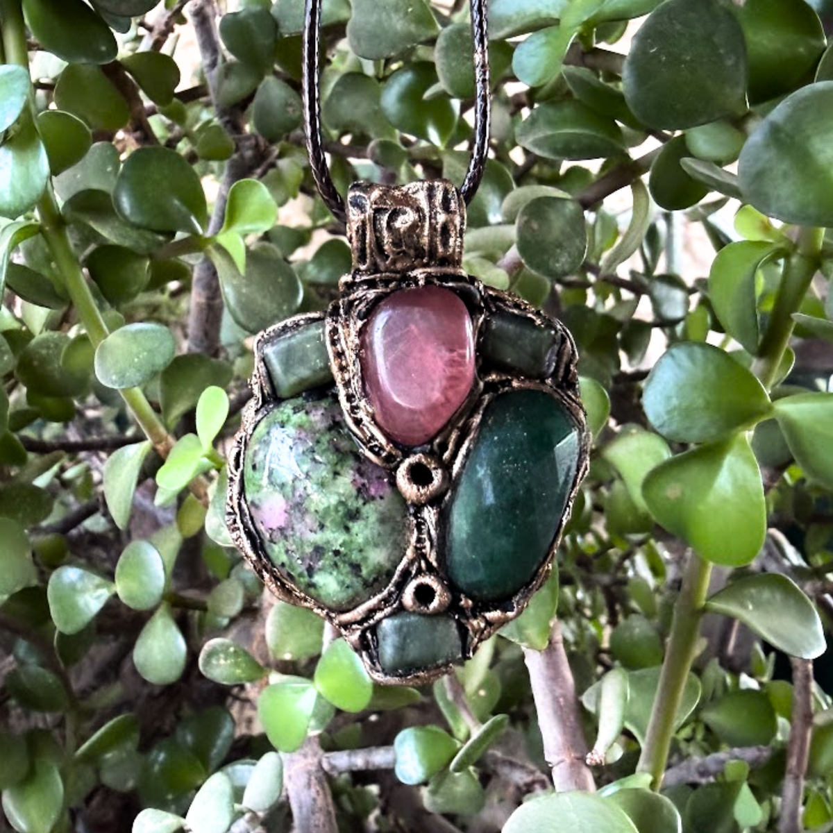 Ruby Zoisite, Jade & Cherry Quartz Pendant Necklace – Crystal Amulet