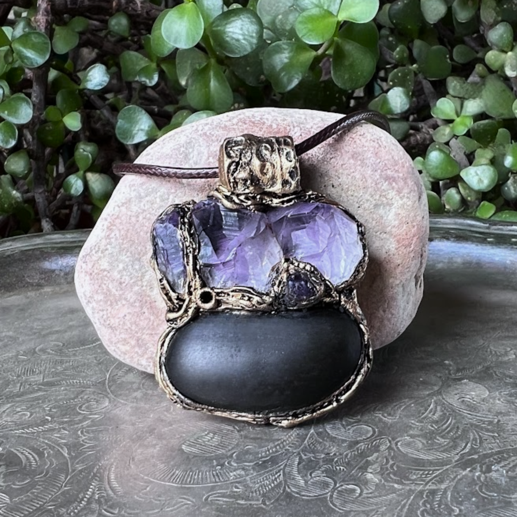 Shungite Raw Amethyst Pendant Necklace - Empath Protection Amulet