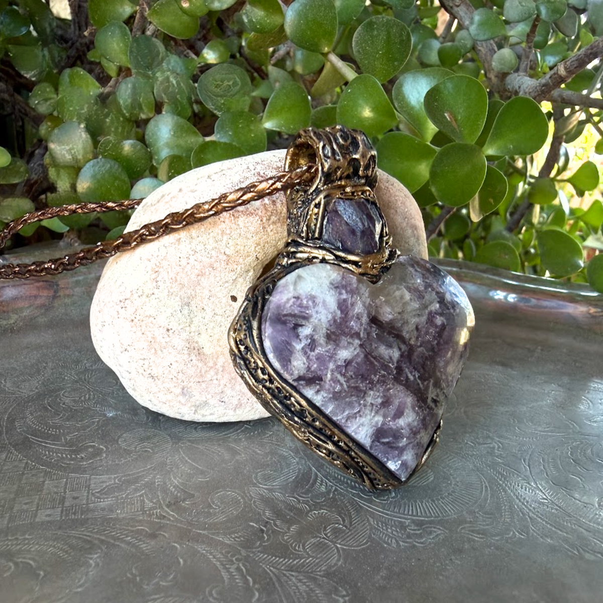 Lepidolite and Amethyst heart pendant necklace with natural purple gemstones, handcrafted large crystal amulet in a one-of-a-kind design.