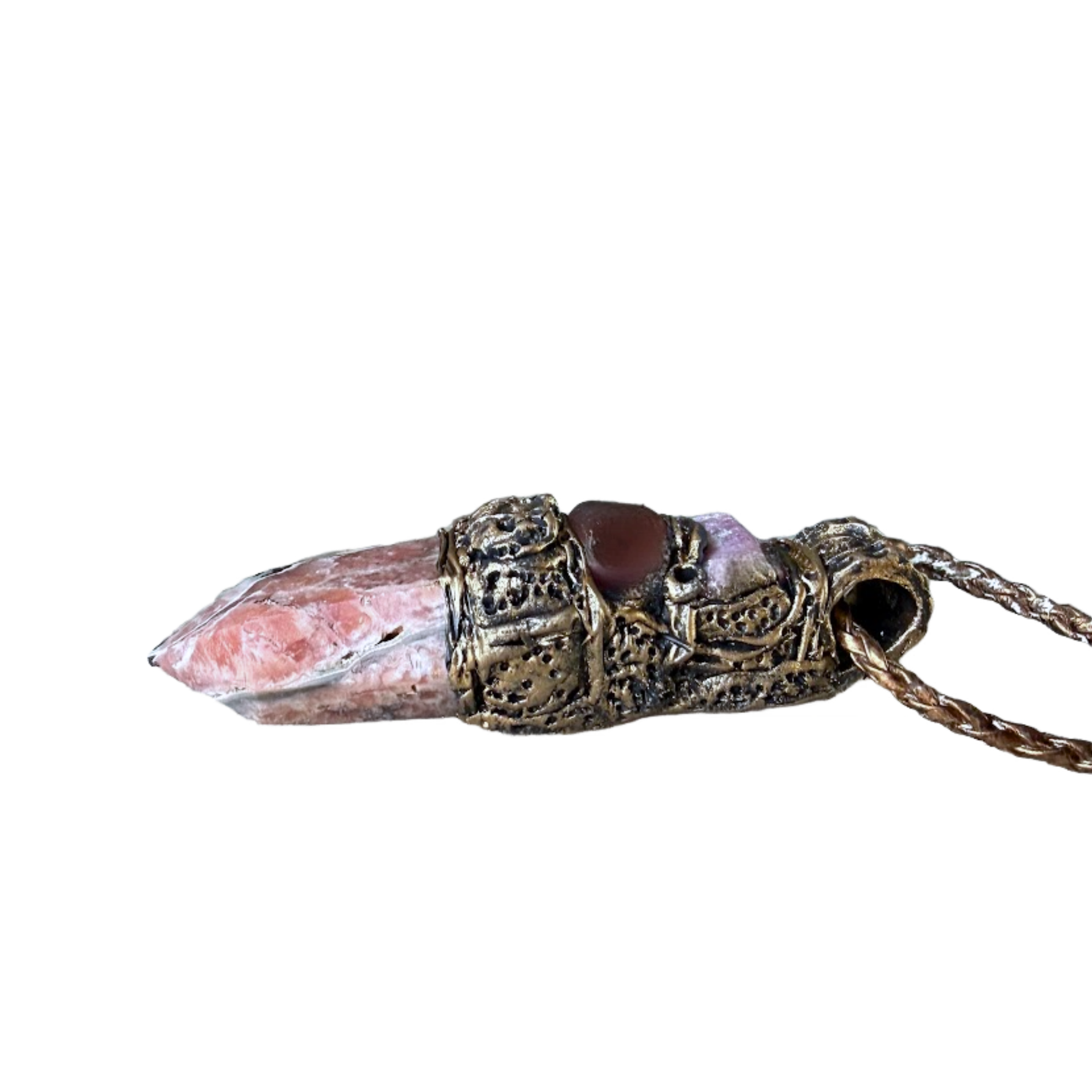 Rhodochrosite, Ruby and Cherry Quartz pendant necklace with large natural pink and red stones, handcrafted one-of-a-kind love crystal amulet.