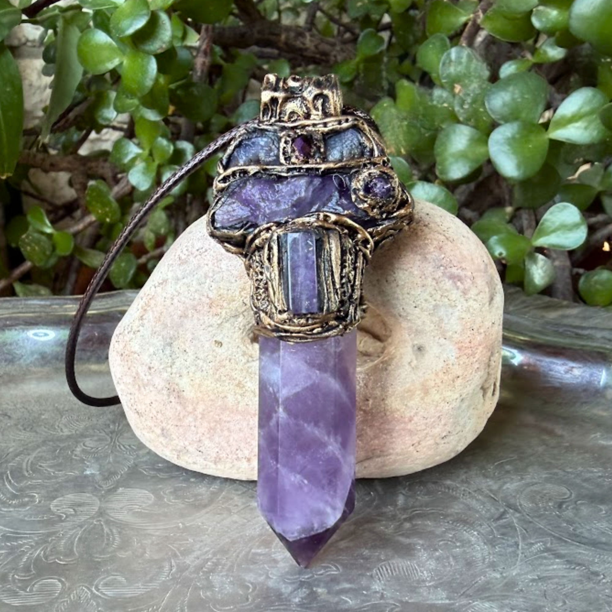 Amethyst and Tanzanite gemstone pendant necklace — spiritual crystal amulet for intuition, peace, and mindfulness.