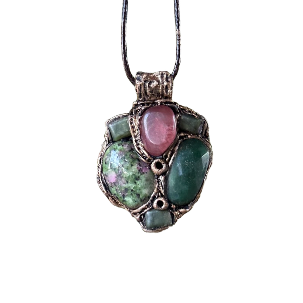 Ruby Zoisite, Jade & Cherry Quartz Pendant Necklace – Crystal Amulet