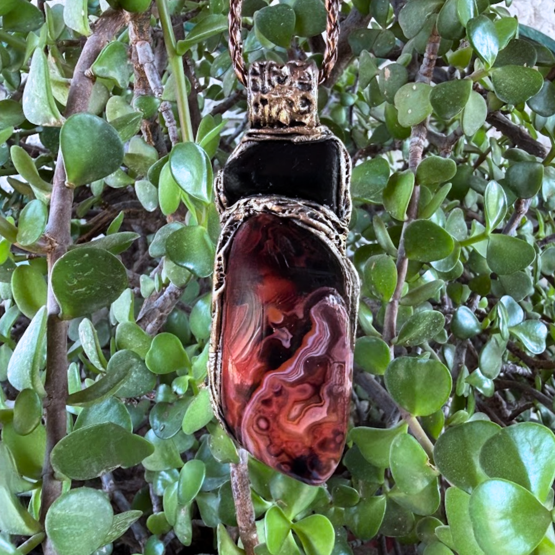Sardonyx and Obsidian pendant necklace with natural red and black stones, handcrafted protection crystal amulet.