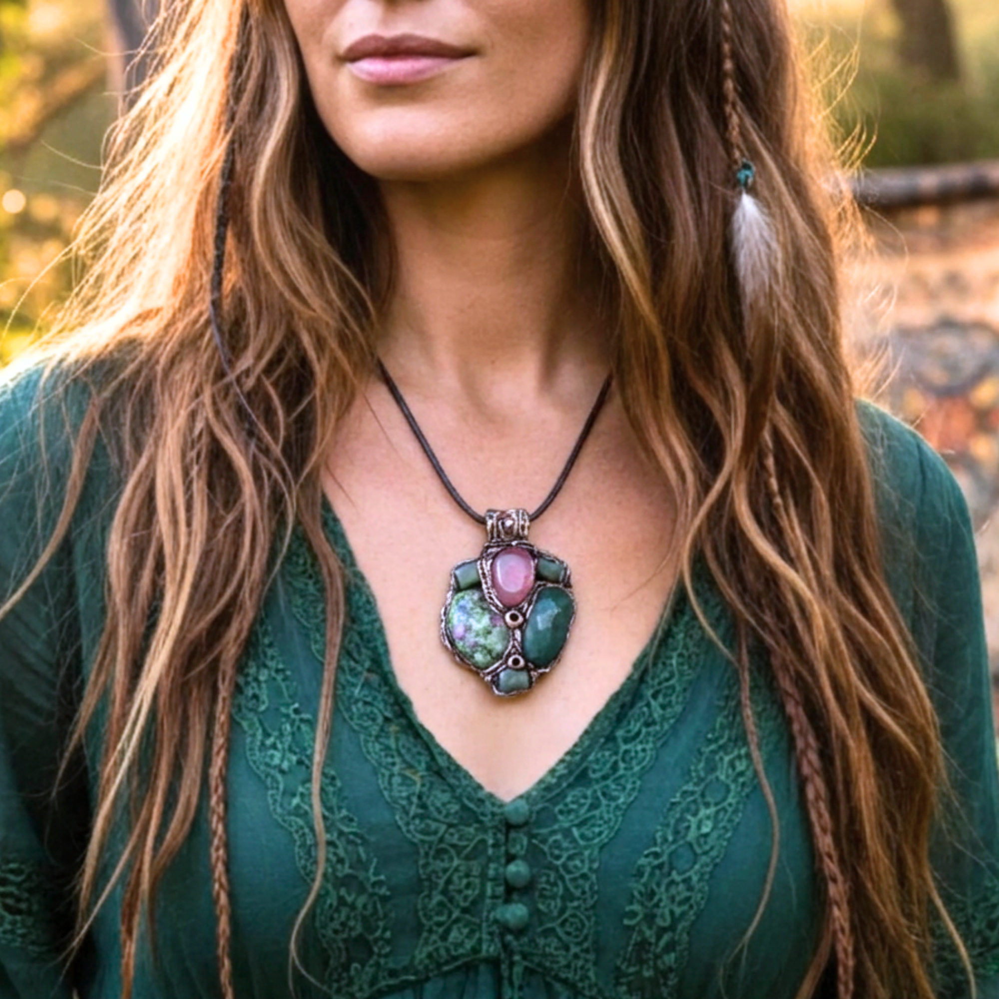Ruby Zoisite, Jade & Cherry Quartz Pendant Necklace – Crystal Amulet