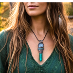 Malachite, Green Aventurine and Fluorite pendant necklace with green gemstones and crystal point in a handcrafted sculptural setting.