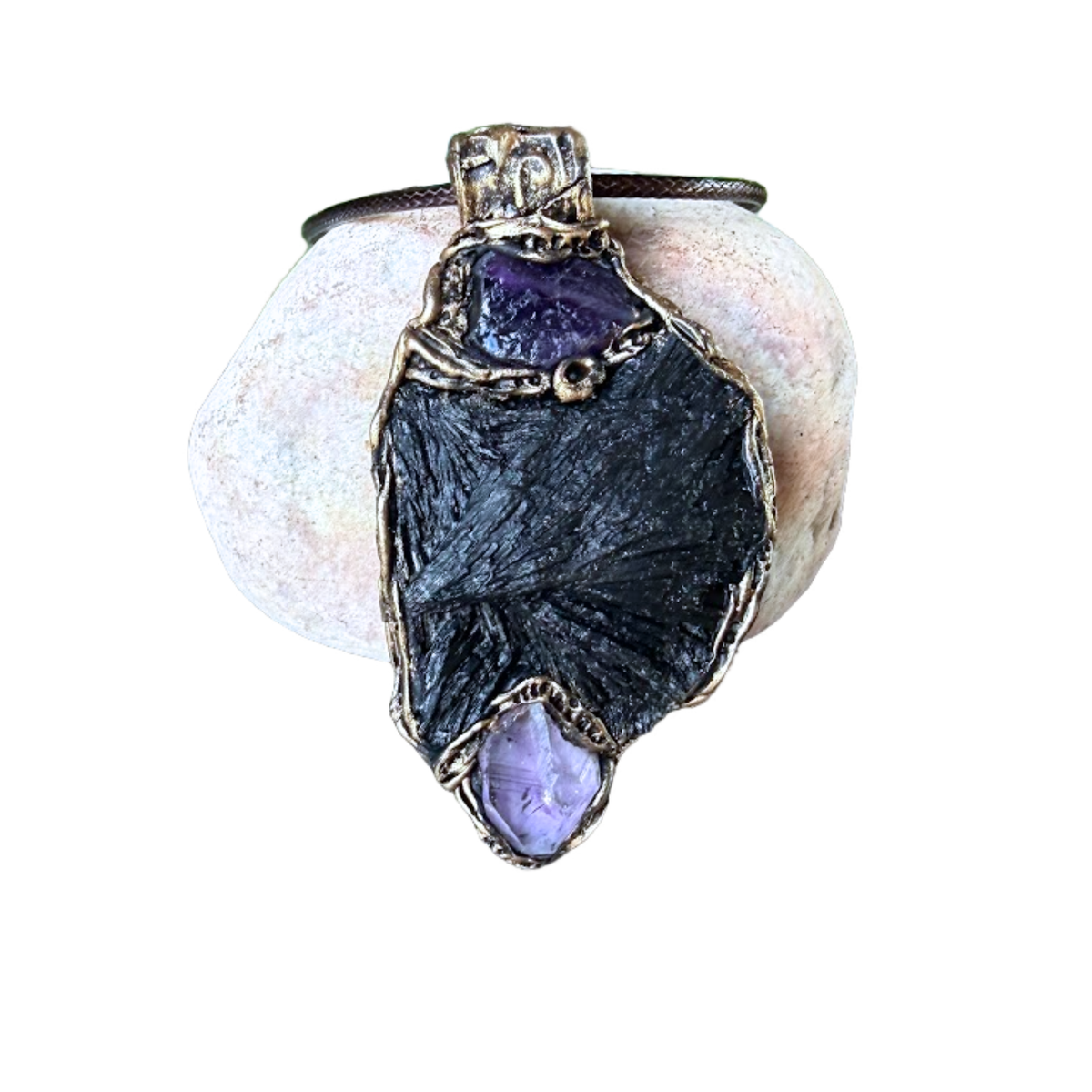 Black Kyanite & Amethyst Empath protection amulet necklace.