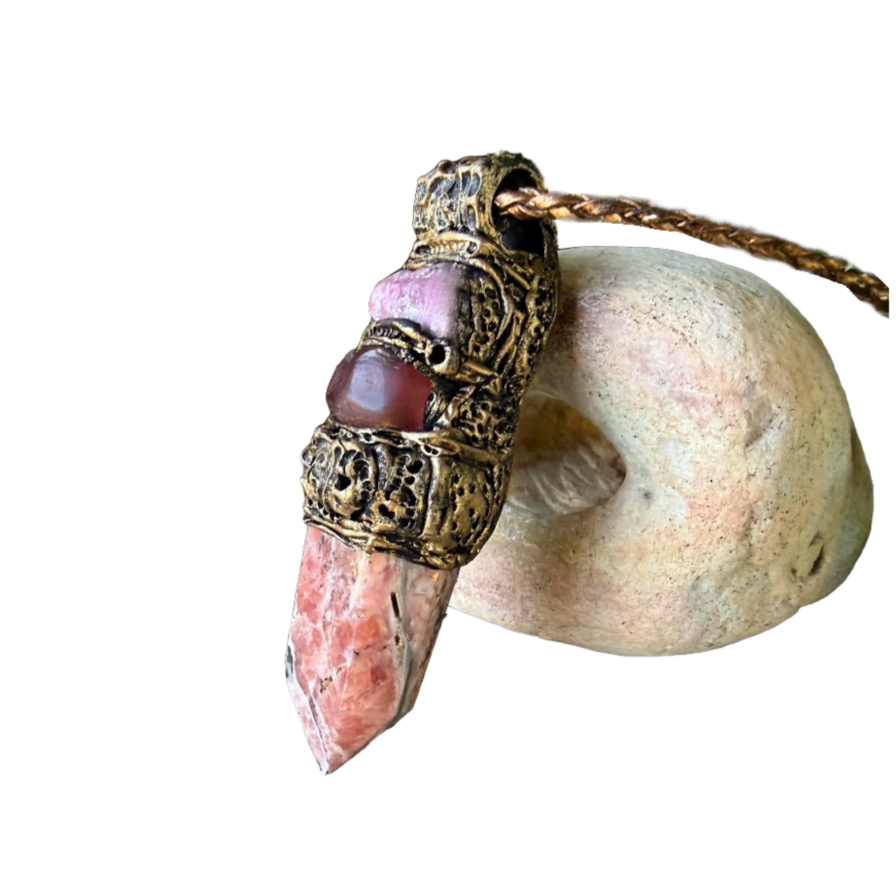 Rhodochrosite, Ruby and Cherry Quartz pendant necklace with large natural pink and red stones, handcrafted one-of-a-kind love crystal amulet.