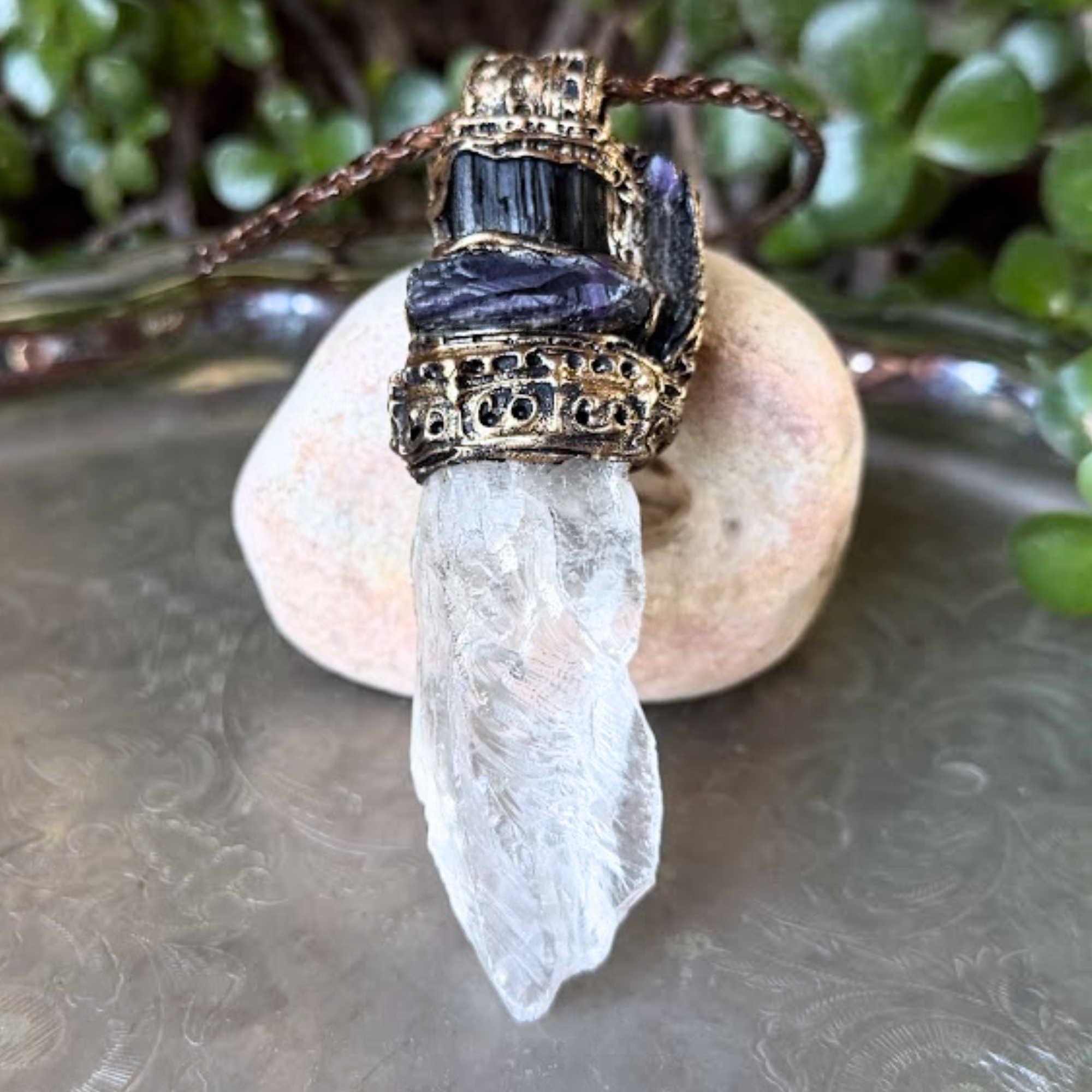 Black Tourmaline, Calcite and Amethyst pendant necklace with natural gemstones, handcrafted one-of-a-kind empath protection amulet.