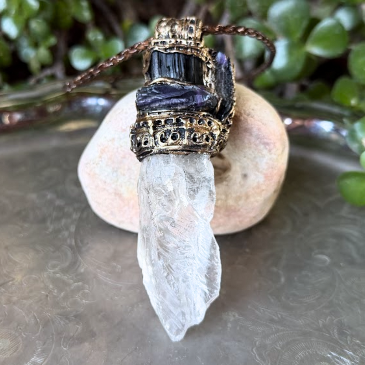 Black Tourmaline, Calcite and Amethyst pendant necklace with natural gemstones, handcrafted one-of-a-kind empath protection amulet.