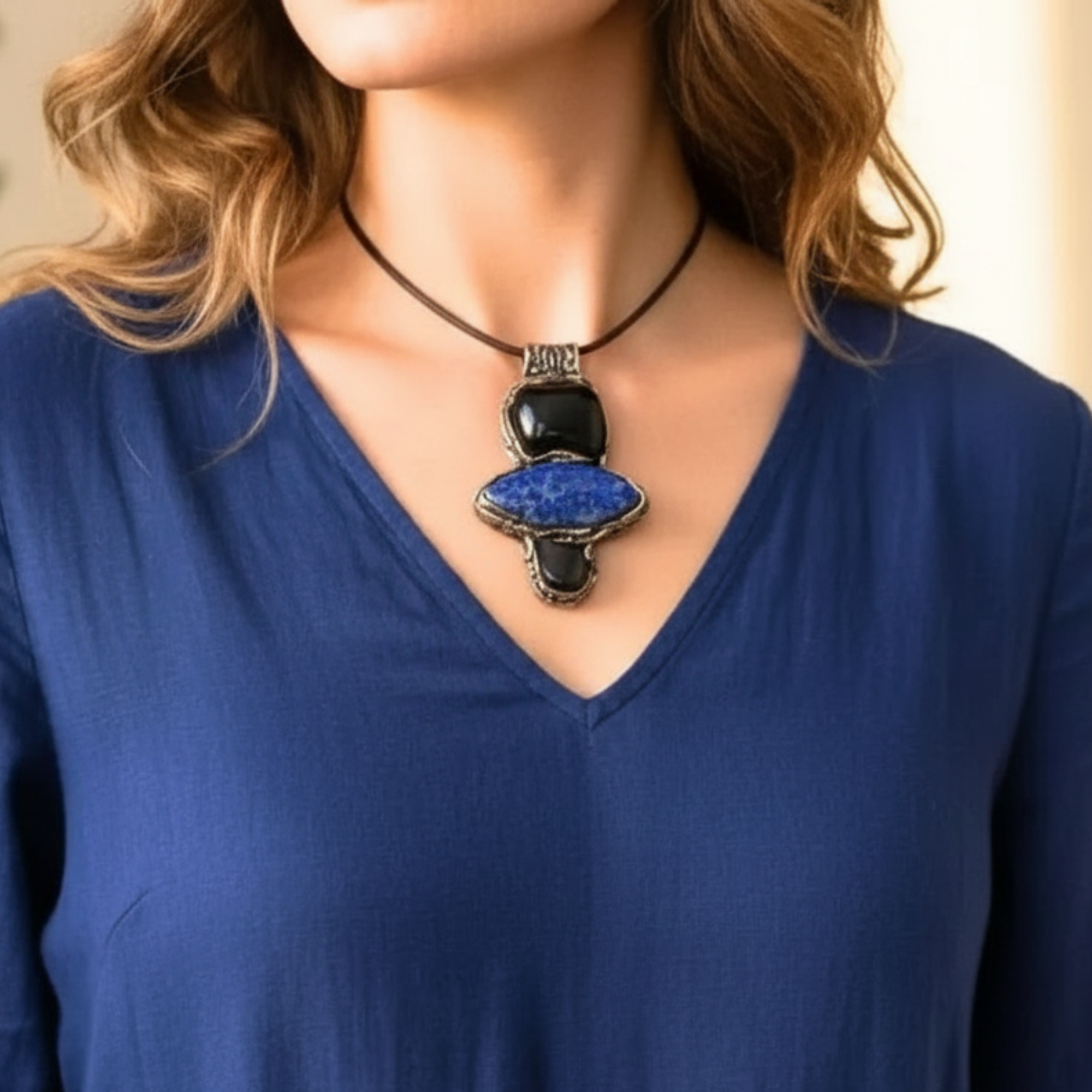 Obsidian Lapis Lazuli Hematite Pendant Necklace -  Empath Protection Crystal Amulet