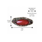 Red Carnelian statement ring with large horizontal oval stone, handcrafted sculptural double finger cocktail ring in an antique bronze finish.